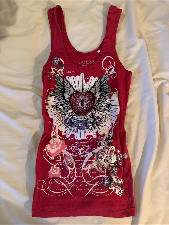 Guess Tops - Guess Red Tank Top with Heart, Wings & Rose Graphic